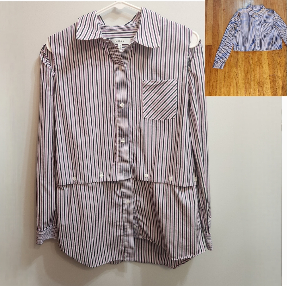 Milly Fractured Stripe Shirting Combo Shirt  in Purple, White, and Blue …